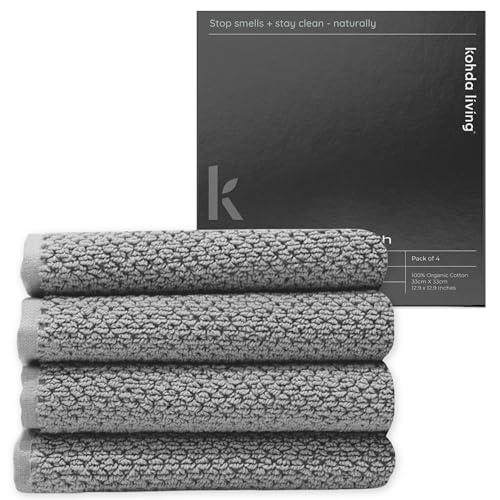 Luxury Silver-Infused Gray Washcloths 4-Pack, 600GSM, 12.9"x12.9" - Premium Hotel Spa Quality Bathroom Towels - 100% Certified Organic Cotton, Absorbent, Fast-Drying, Large, Thick & Soft