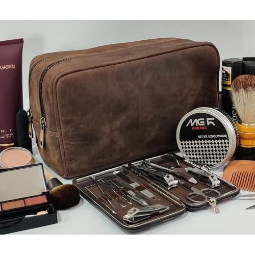 RUSTIC TOWN Full Grain Leather Travel Toiletry Bag - Cosmetic Ditty Kit Organizer (Dark Brown)