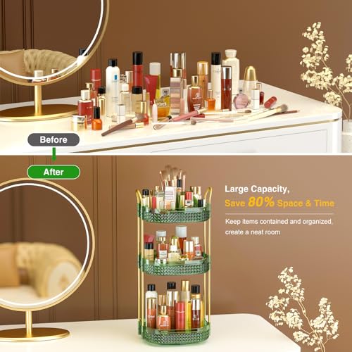 Awenia Rotating Makeup Organizer 360, Stackable Adjustable Large Capacity Cosmetic Storage Unit,Dresser Bathroom Kitchen Countertop Organizer with Metal Handle, Plus Size (Gem Green, 3 Tier)