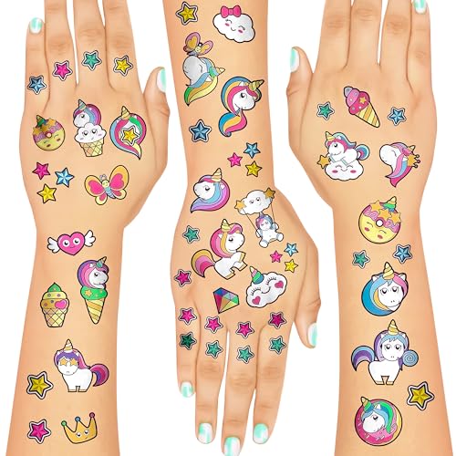 16 x Unicorn Kids Tattoos Temporary for a Party for Girls Age 7-8 Children Fake Transfer Stick on Rainbow Stars Butterfly Unisex Stickers Individual Sheets