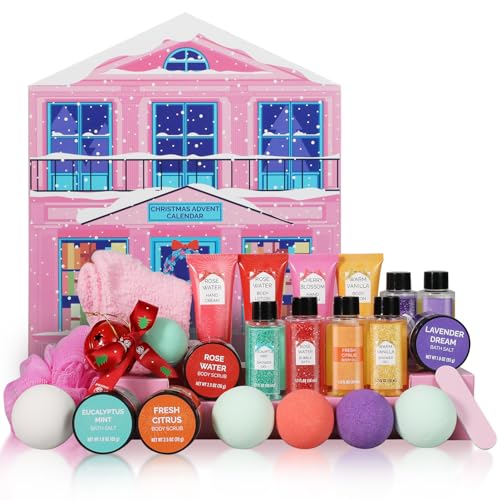 Christams Advent Calnedar, Pink Mom Gift for Hoilday, Beauty Advent Calendar for Daughter Girls, Christmas 24Day Countdown Calendar, Bath Set with Bath Bomb Hand Cream Body Lotion Christmas Sock
