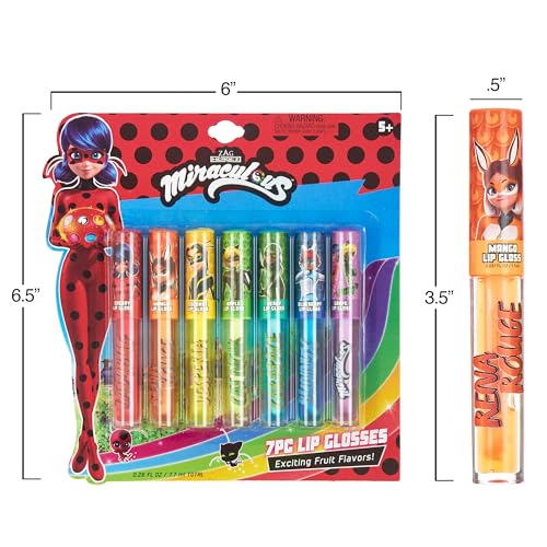Miraculous 7pc Lip Gloss Set - Zag Heroez Lipgloss Collection Featuring Exciting Fruit Flavors & Precision Applicator Lip Gloss Tubes With Wand