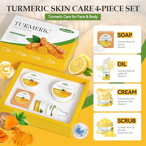 Turmeric Skin Care Set Mothers Day Gifts, Hydrating Skincare Gift Set with Turmeric Soap, Oil, Cream & Scrub to Even Glow Tone, Natural Skincare Set Birthday Gifts Facial Kit for Women & Teen Girls