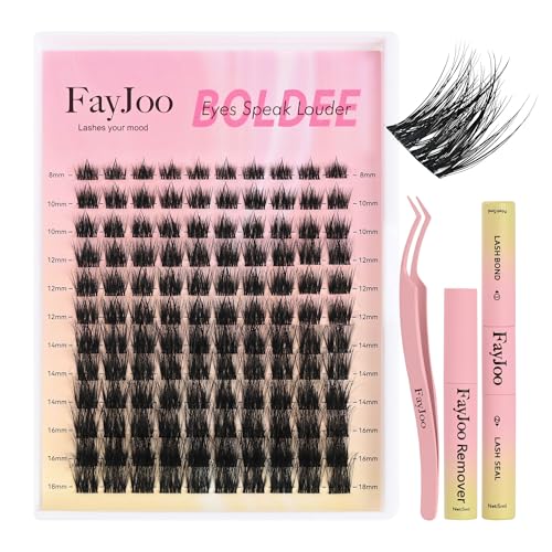 Volume and Soft Lash Clusters, Thin Fiber with 0.05mm Invisible Band,Thick DIY Salon Extensions Kit with Bond Seal Remover Tweezer,C Curl with 8-18mm Lengths,FayJoo BOLDEE 13 Kit