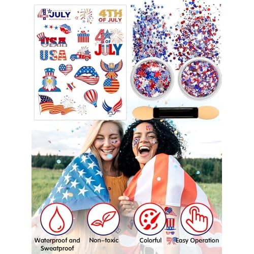 80PCS 4th of July Temporary Tattoos, Red White Blue Glitter Set - Patriotic Accessories Kit for USA Independence Day, Fourth of July Party, Face & Body Art - Stars & Stripes Celebration Decorations