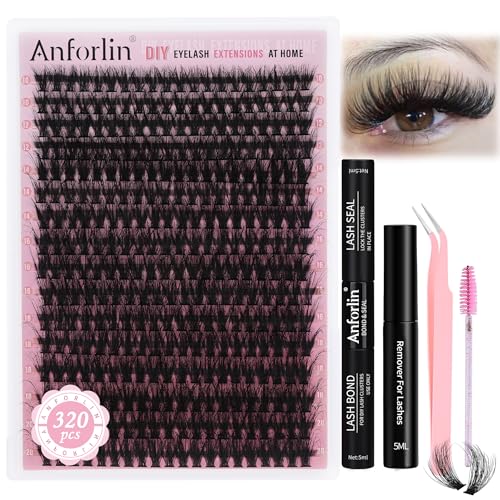 Lash Extension Kit 320pcs Volume Lash Clusters 10-20mm Eyelash Extension Kit 50D DIY Lash Extension Kit Individual Lashes with Lash Bond and Seal, Remover, Lash Tweezers and Lash Brushes