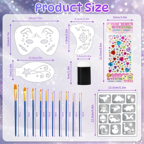 58 Pieces Face Paint Stencils and Brushes Kit, Incledes 36 Reusable Facial Painting Stencils, 6 Sheets Tattoo Stencil Stickers, 10 Brushes, 2 Pack Adhesive Gems, 4 Sponges for Party Festival Makeup