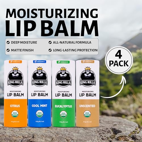 King Rilla Organic Lip Balm for Men ? USDA Certified, Natural, Hydrating & Soothing ? Vegan, Cruelty-Free, Eco-Friendly Lip Care with Organic Ingredients (All Mix Lips Balm 04 Pack)