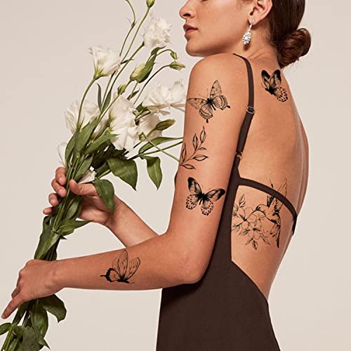 Tazimi 6 sheets large Black Butterfly Temporary Tattoos for Women-flowers butterflies Hummingbird swallow Rose Temporary Tattoos Waterproof Long Lasting Tattoos Stickers Sexy Fake Tattoo for Adults