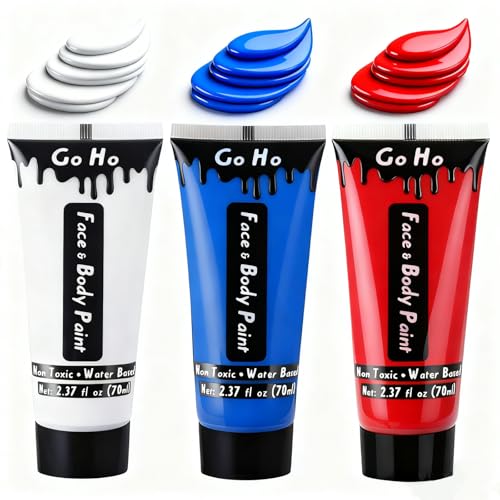 Go Ho Red White and Royal Blue Face Body Paint(2.37 oz) for Halloween Makeup,Cream Water Based Vampire Skeleton Face Paint for Adults Children SFX Cosplay Makeup,4th of July Accessories