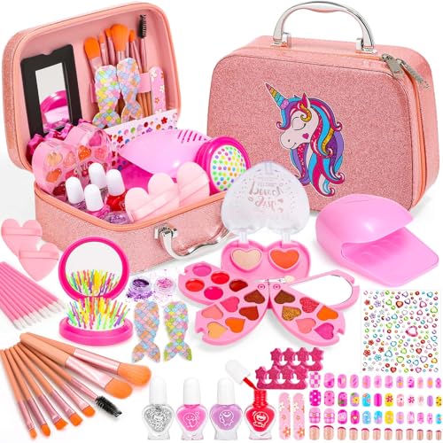 Kids Makeup & Nail Kit for Girls, Washable Cosmetic with Unicorn Storage Case, Kids Play Makeup Set, Girls Nail Polish and Press on Nails for Girl Birthday Gift 8 10 11 12+