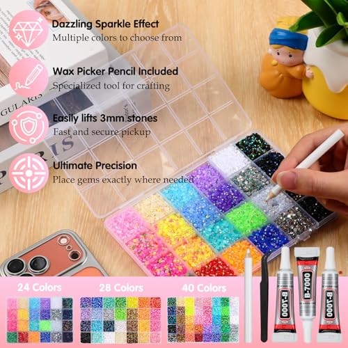 3mm Colorful DIY Resin Rhinestone Kit for Bedazzling, Multicolor Flatback Gems, 3Pcs 10ml B7000 Jewelry Glue for Bedazzled Nail Art Clothing Shoes Nail Book Diamond Art (24000)