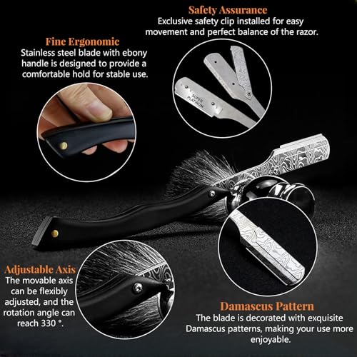 Straight Razor For Men - Premium Stainless Steel Barber Shaving Kit With Wooden Handle & Safety Guard, Single Blade Precision For Smooth Shaving With 10 Blades, Brown Spider Wood Handle, Black