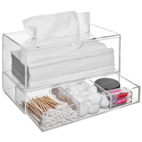 MyGift Modern Clear Acrylic Facial Tissue Dispenser Holder with Pull-Out Drawer for Makeup Cosmetics and Accessories, Vanity Countertop Bathroom Supplies Caddy