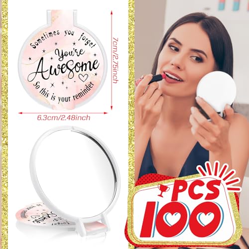 Huwena 100 Pcs Compact Mirror Bulk Inspirational Pocket Small Round Portable Folding Makeup Purse Mirror Employee Appreciation Gifts for Christmas Women Girls Coworkers Travel(Pink,Inspirational)