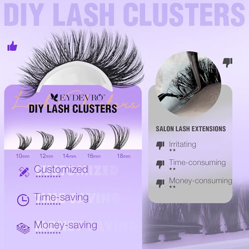 EYDEVRO Volume Lash Clusters 60D80D100D Eyelash Clusters Full Thick Cluster Eyelash Extensions D Curvature 10-18mm Individual Lashes Mega Volume Cluster Lashes DIY Lash Extensions at Home