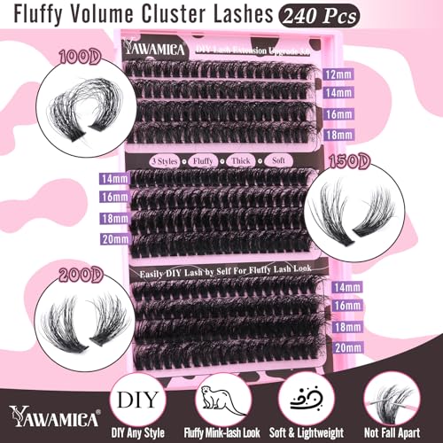 Yawamica Eyelash Extension Kit Fluffier Thick Volume Lash Extension Kit 14-20mm D Curly Mink Lash Clusters 240pcs Individual Lashes Kit with Bond and Seal and Lash Applicator DIY at Home for Beginner