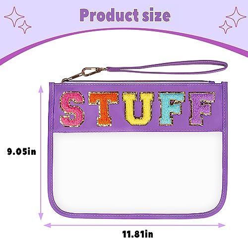 Chenille Letter Clear Bag, Travel Makeup Letter Bag with Zipper, Waterproof Transparent PVC Cosmetic Bag, Cute Snacks Portable Stuff for Women (Purple STUFF)