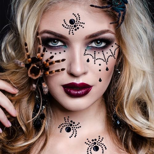 Halloween Face Gems 2Pcs Black Spider Face Jewels Spider Web Rhinestone Tattoo Stickers Self Adhesive Crystal Temporary Tattoos Stickers for Halloween Cosplay Makeup Festival Rave Party