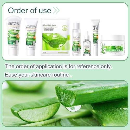 Aloe Vera Face Skincare Set,9 Pcs Aloe Vera Skin Care Set with Face Masks,Exfoliating Gel, Wash,Toner, Serum, Moisturizer Cream,Eye Cream,Moisturizing Skin Care Kit