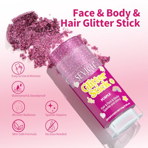 SEVICH Mardi Gras Hair Glitter Stick Sliver for Face Body,Kids & Skin Safe Waterproof Sparkle with No Glue Needed,Easy to Apply and Remove for Parties Festivals Makeup,Child Friendly 15g