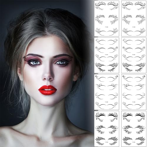 Halloween Eyeliner Stickers, 8 Sheets Makeup Temporary Tattoo Black Eye Shadow Stickers Waterproof Face Eye Art Decor for Masquerade Carnival Cosplay Dancing Ball Party Decals Prank Props