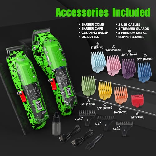 Professional Hair Clippers for Men, Cordless Barber kit for Hair Cutting & Grooming, Hair Clippers and Trimmer Set for Barber Haircut with LED Display, 8 Fade Taper Combs(Green Set)