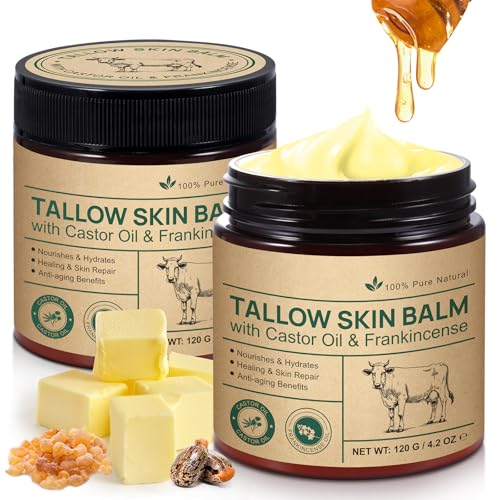 Handmade Tallow Balm with Organic Castor Oil & Frankincense, Beef Tallow for Skin, 100% Grass-Fed Tallow Moisturizer for Face & Body, Sensitive & Dry Skin Care, Natural Age-Defying Cream, 4.2 oz