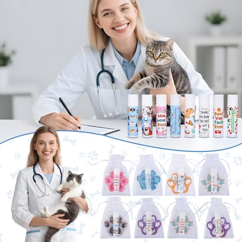 24 Pcs Vet Tech Gift Veterinary Appreciation Gifts Include Lip Balm Thank You Tag Organza Bag Veterinarian Week Gift for Veterinary Technologist Nurse Suitable Birthday Christmas Thanksgiving Gifts
