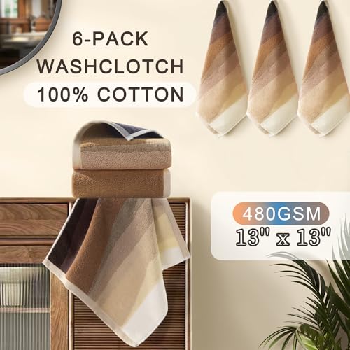 VOOVA & MOVAS Brown Washcloths 6 Pack - 100% Cotton | 480GSM | Soft | Absorbent | Long-Lasting, Wash Cloths for Your Face and Body, 13"x13", Decorative Hand Towels for Bathroom, Beige and Brown