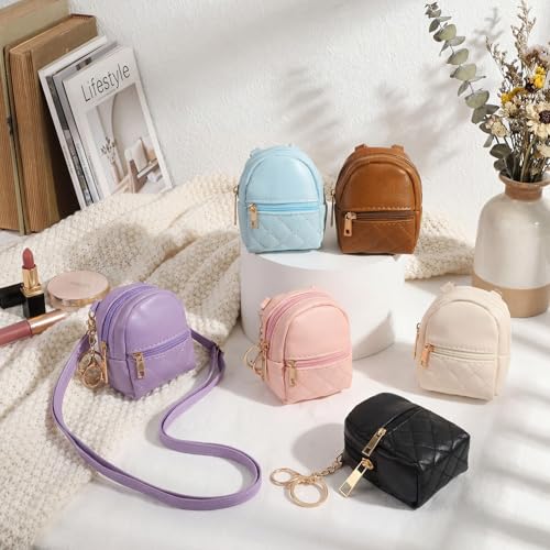 6 Pcs Mini Backpack Keychain Cute Cosmetic Bag for Women PU Leather Makeup Bag Key Pocket Lipstick Bags Card Holder Data Cable Organizer Zipper Pouch with Lanyard Ideal for Gift