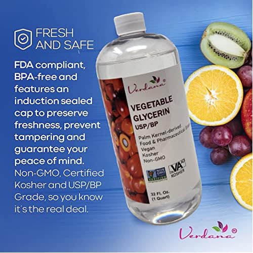 Verdana Vegetable Glycerin ? USP, Food, Cosmetic Grade - Palm-Derived, No Soy Involved ? Glycerine for Cosmetic & Personal Care and Skin, Hair & Other Formulations ? Non-GMO, Vegan ? 32 fl oz