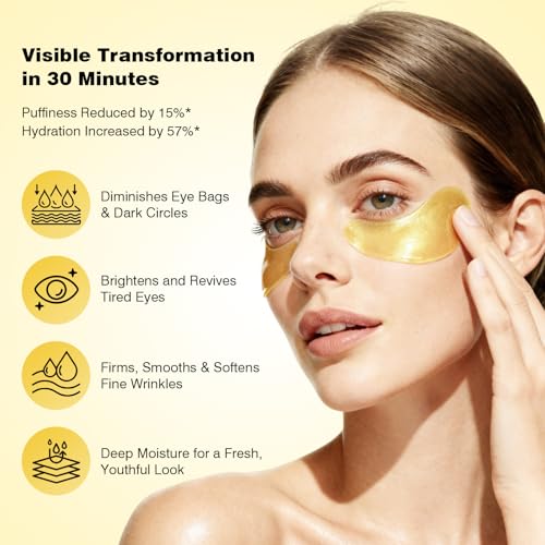 Under Eye Patches 60PCS, 24K Gold Collagen Eye Mask for Puffy Eyes & Dark Circles, Hydrating Eye Pads with Hyaluronic Acid, Vitamin C & Castor Oil, Anti-Aging Under Eye Treatment to Smooth Fine Lines