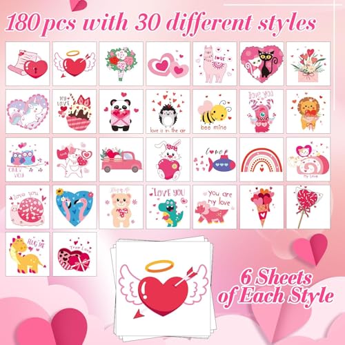 JUNEBRUSHS 180 Pcs Valentine's Day Temporary Tattoos, Valentines Tattoos Stickers 30 Styles Face Make up Goodie Bag Stuffers Gift Filler for Valentines Accessories Party Favors Decorations