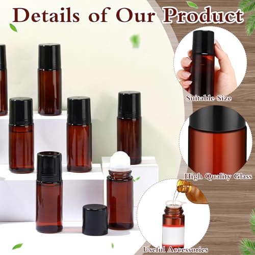 Sumind 24 Essential Oil Roller Bottles Glass Deodorant Bottle Roller Ball Container Empty Refillable Rollerball Bottle with Plastic Balls, Funnel and Sticker (50 ml,Brown)