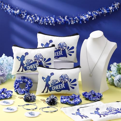72 Pcs Cheer Gifts Bulk for Team Cheerleader Valentines Gifts Bag Necklace Bracelet Hair Ties Pom Pom Keychain Mirror