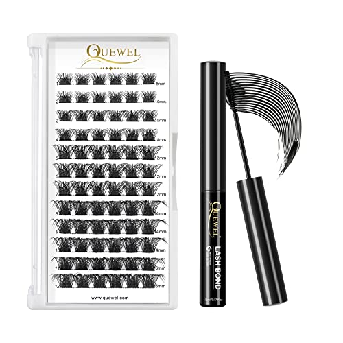 QUEWEL Cluster Lashes 72 Pcs Wide Stem Individual Lashes C/D Curl 8-16mm Length + Lash Bond, Black Cluster Eyelash Glue For DIY Eyelash Extensions