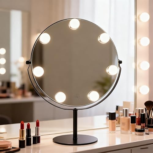 Hollywood Vanity Mirror with Lights, 11.8"x17" Lighted Makeup Mirror for Desk with 7 Led Bulbs, 3 Lighting Modes, Dimmable Light,360¡Æ Rotation for College Dorm, Bedroom & Dressing Room (BLACK)