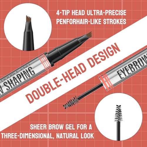 2-in-1 Microblading Eyebrow Pen with 4-Fork Tip Brow Pen + Clear Shaping Brow Gel, Long-Lasting Waterproof Smudge-Proof Eyebrow Pen, Natural-Looking, Dual-Action for Precise Shaping (02# Dark Brown)