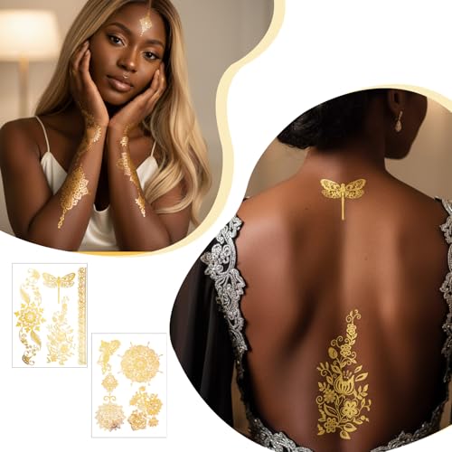 9 Sheets Gold Tattoos Temporary Tattoos For Women, Glitter Flash Tattoo Stickers Metallic Elaborate Sun Moon Star for Adult Festivals Parties Makeup Cosplay