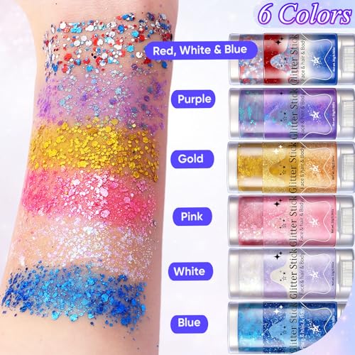 AROIC Body Glitter Stick - 6 Pack Mardi Gras Face & Hair Glitter with Chunky Sequins, Waterproof Sparkling Face Paint with Fruit Scent for Women Singer Festival Makeup Concert Party Rave Accessories