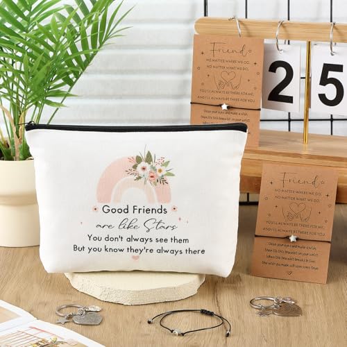 12 Set Christmas Friend Gifts for Women Bulk Friendship Bracelets Makeup Bags with Zipper Keychains Cards Women Friendship Gifts for BFF Birthday Christmas Party