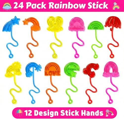 48PCS Rainbow Party Favors - 24PCS Temporary Tattoos & 24PCS Stick Hands - Perfect Birthday Party Supplies, Goodie Bag Stuffers, Treasure Box Toys, Classroom Prizes, and Student Gifts