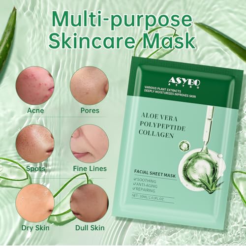 Pack of 10 Collagen Face Mask, Aloe Vera Polypeptide Collagen Facial Masks Skincare, Moisturizing Facial Sheet Mask for Acne, After Sun, Claming, Anti-Aging and Anti-Wrinkle
