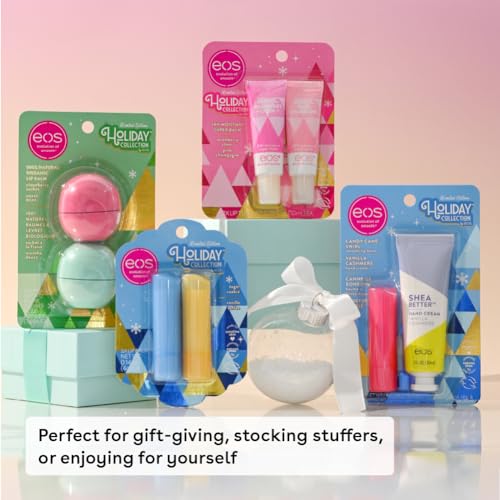 eos Holiday Lip Balm Gift- Strawberry Cheer, Candy Cane Swirl & Vanilla Toffee, Stocking Stuffers, All-Day Moisture Lip Care, 0.14 oz, 2-Pack