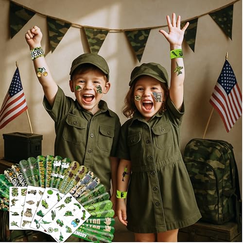 72PCS Military Party Favors 24PCS Pre-cut Tattoos Sticker 24PCS Slap Bracelets Perfect for Themed Birthday Baby Showers or Classroom Rewards Ideal Decor and Gifts for Girls and Boys