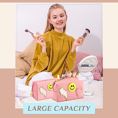 Silkfly 15 Pcs Preppy Patch Makeup Bag Bulk End of the Year Teacher Gifts Bulk Cosmetic Toiletry Bag Smile Lightning Heart PU Leather Portable Waterproof Makeup Cosmetic Purse for Women(Pink)