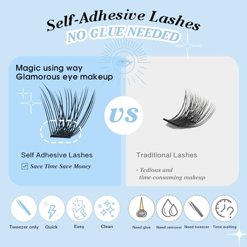 KevKev Self Adhesive Eyelashes 40Pcs Press On Lashes No Glue Needed Self Adhesive Lash Clusters Reusable Pre-Glued Eyelashes with Tweezers DIY Lash Extension Kit for Beginners (Caramel, D-10-18mix)
