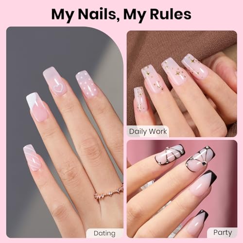 Beetles Gel Nail Kit Etch-X, Square Short, 288pcs 12 Sizes Nail Tips, 3Pcs 15ml HEMA-Free Nail Glue Top Coat & Base Gel Set, with Mini Lamp, Press On Nail, Long Lasting Extension DIY Set at Home