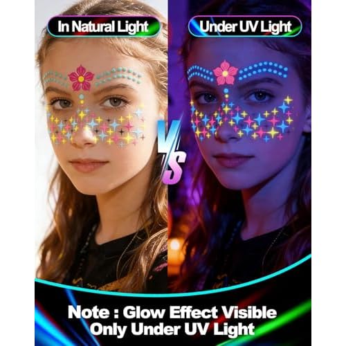 Glow Party Face & Body Paint Markers ? 10 Neon UV Reactive Blacklight Tattoo Pens with Fluorescent Stickers, Water-Resistant, Skin-Safe & Washable for Halloween, Raves (Glows Under UV Light)